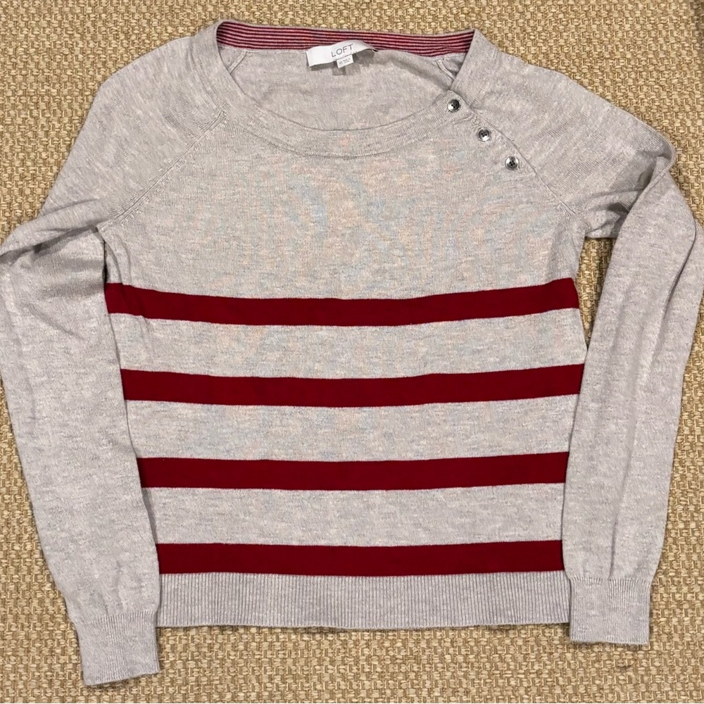 LOFT Heather tan and Crimson Striped Pullover